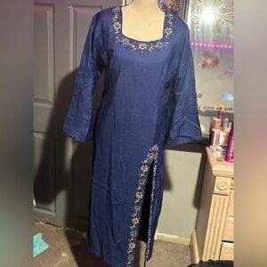 Embroidered Navy Blue Women's Long Kurti Dress